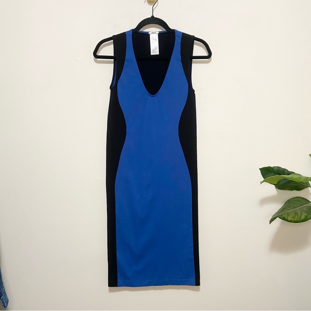 Wolford Black Blue Bodycon Stretch V-Neck Sleeveless Midi Dress